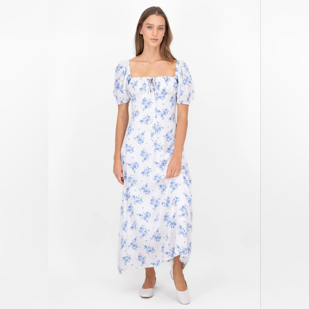 Floral Blue Maxi Short Puff Sleeve Dress Square Neck Bust Tie Smocked Wedding